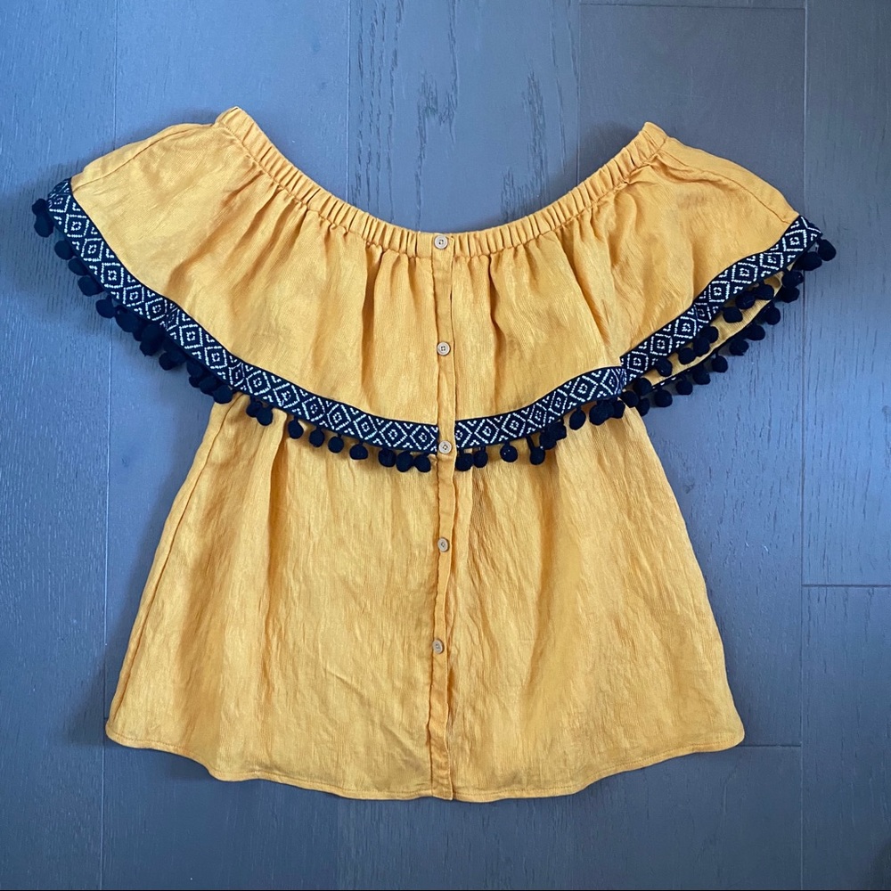 THML Mustard OTS Ruffle Pom Top